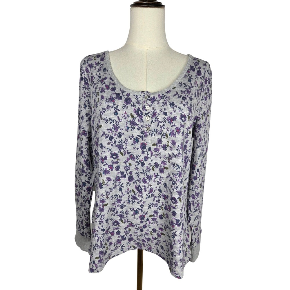 Eddie Bauer Infinity Thermal Henley XL Grey Purple Floral Waffle Knit Top NWT